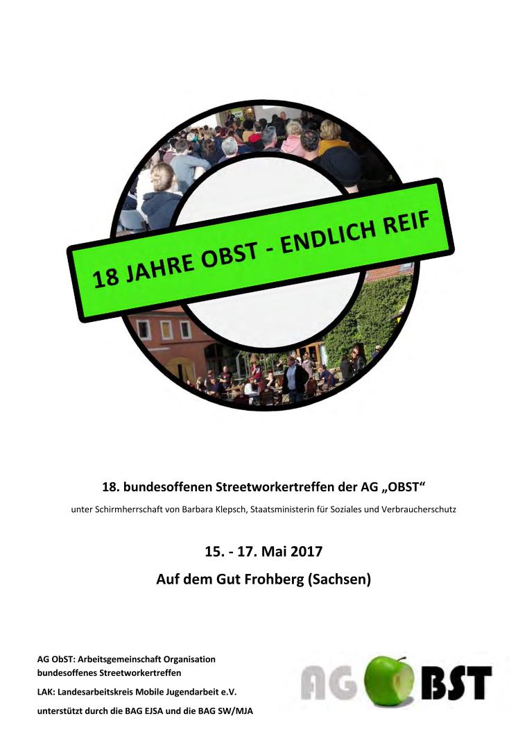 Cover Dokumentation des 18. Streetworktreffen der AG OBST vom 15.05. – 17.05.2017 auf Gut Frohberg in Sachsen. 18 Jahre OBST - endlich reif