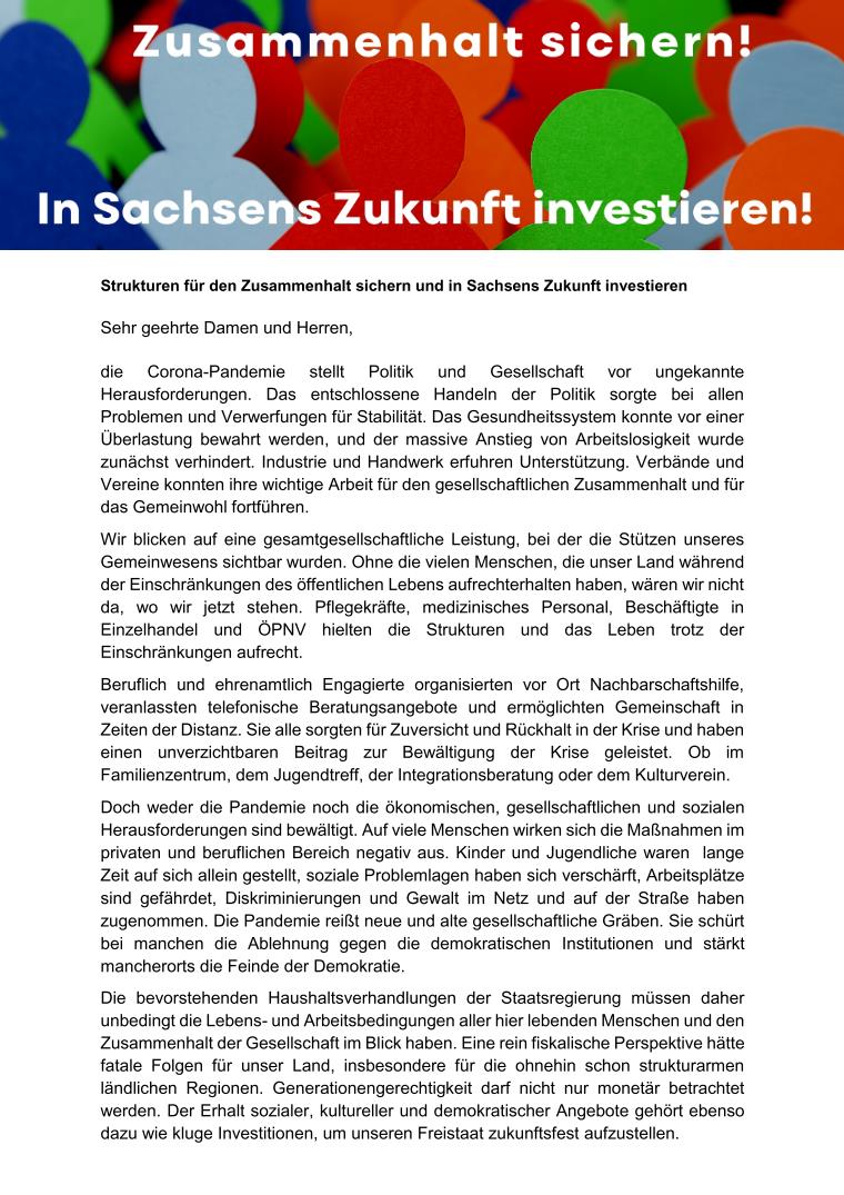 Cover Offener Brief an die Staatsregierung – Strukturen für den Zusammenhalt sichern und in Sachsens Zukunft investieren