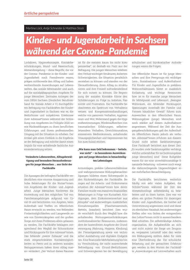 Cover Kinder- und Jugendarbeit in Sachsen während der Corona-Pandemie